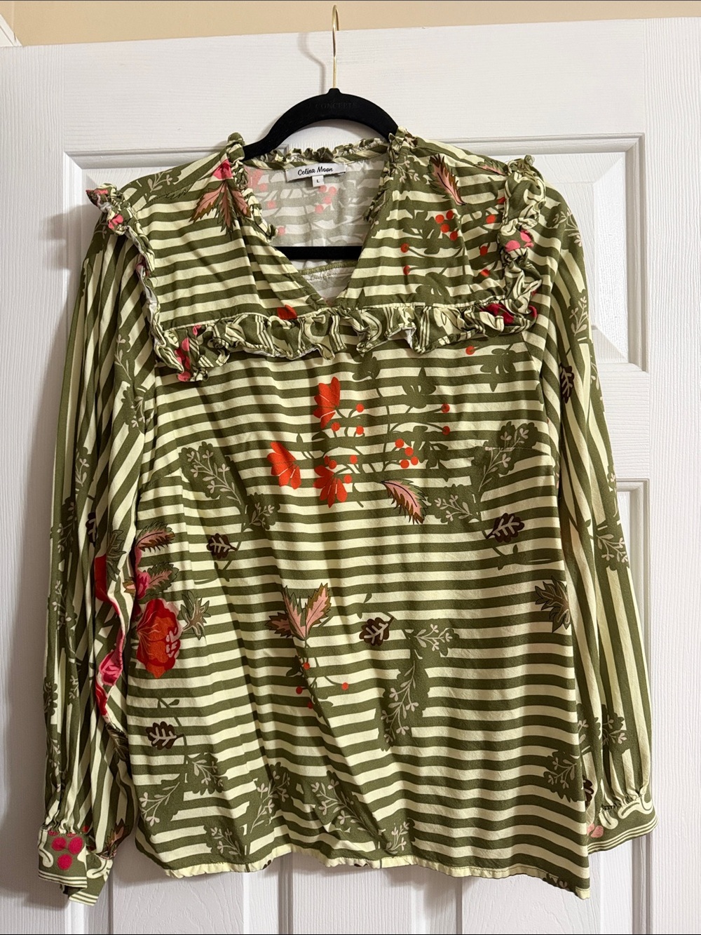 Celina Moon Colorful Striped Long Sleeve Ruffle Floral V Neck Blouse Size Large